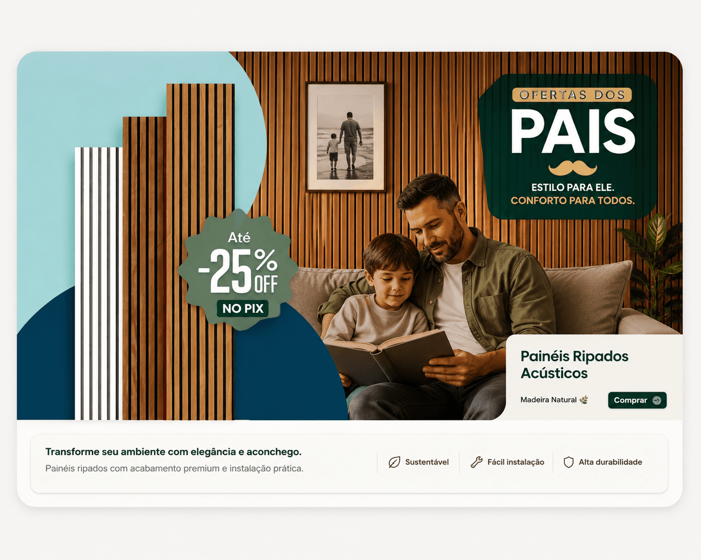 Banner de oferta de Dia dos Pais para painéis ripados acústicos